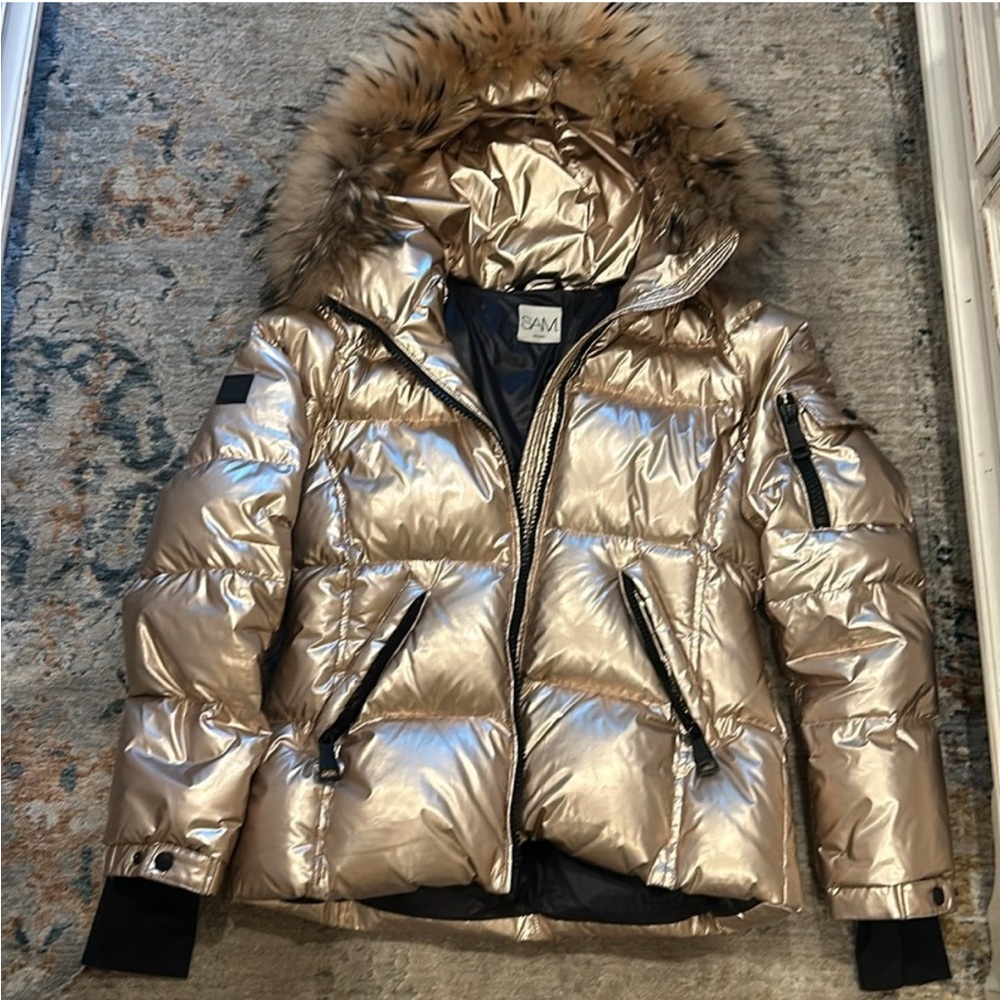 SAM. Women's Shiny Gold Puffer with Real Fur Hood - Picture 5 of 6